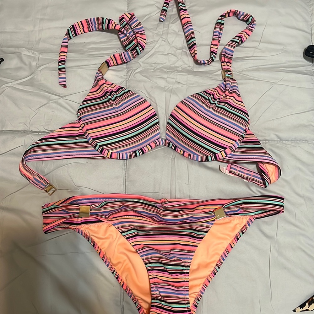 Victoria’s Secret pink stripes gold teal yellow bright striped bikini size small